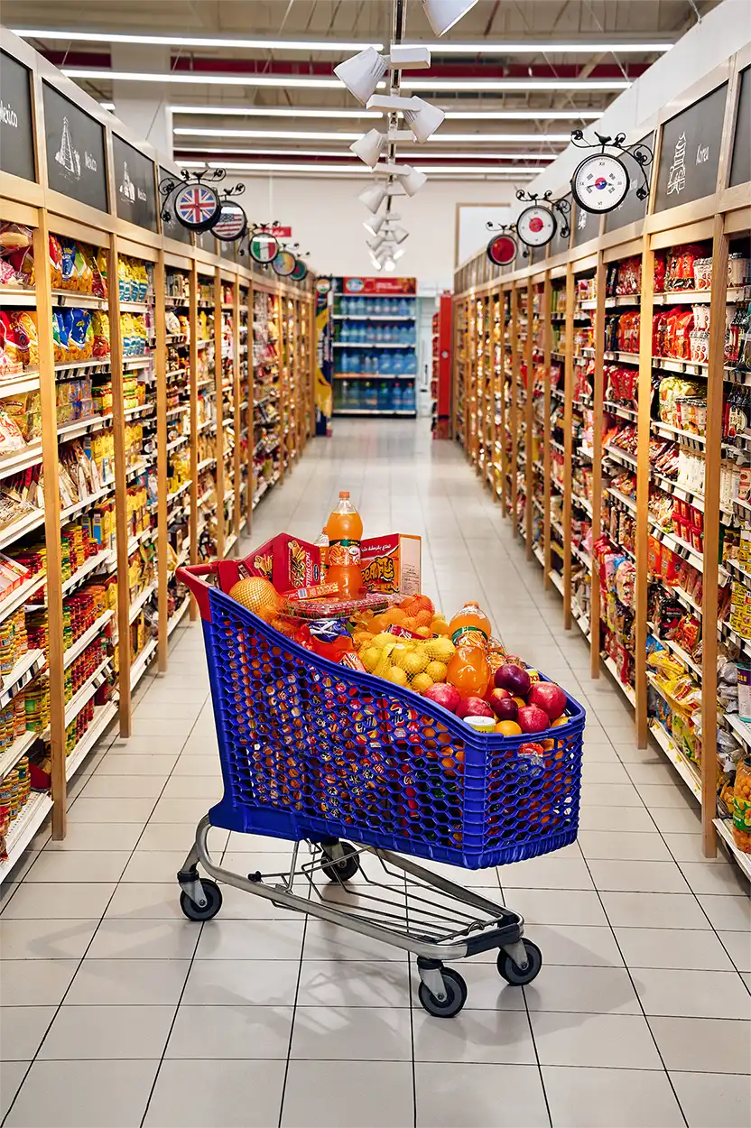 A cart filled with groceries in carrefour